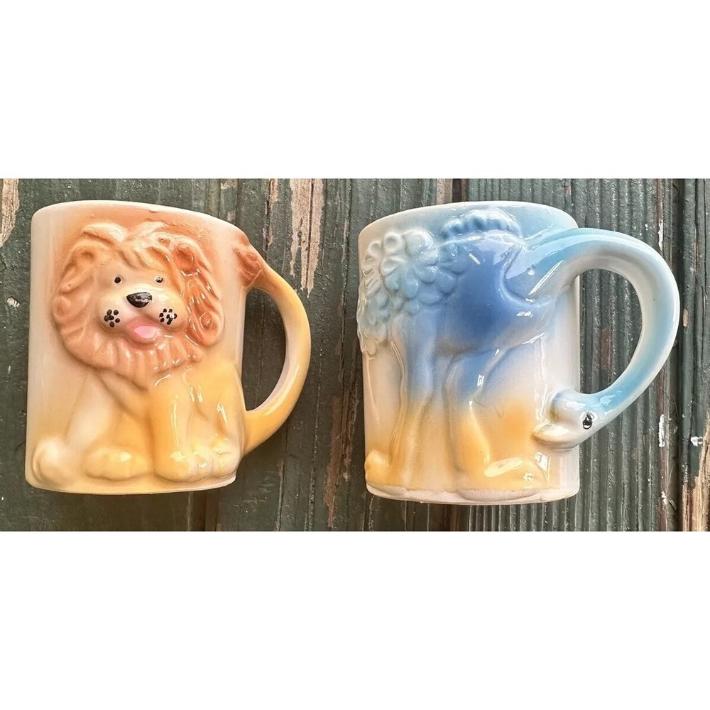 3D Animal Mugs‎ Ostrich and Lion Vintage Collectible JSNY 1970's Children's